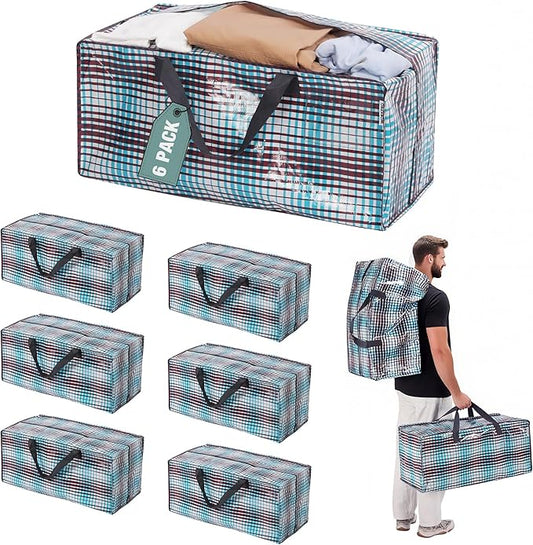 WORKPRO 6 Pack Extra Large Moving Bags with Zippers & Carrying Handles Backpack Straps, Heavy-Duty Storage Tote for Space Saving & Storage, Alternative to Moving Box (Lattice Printing)