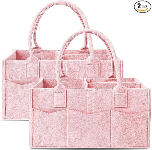 Cute Castle 2 Pack Diaper Caddy Organizer - Portable Baby Caddy Organizer with Handle, Nursery Storage Bin and Car Organizer for Girls, Boys - Baby Gift Basket - Pink