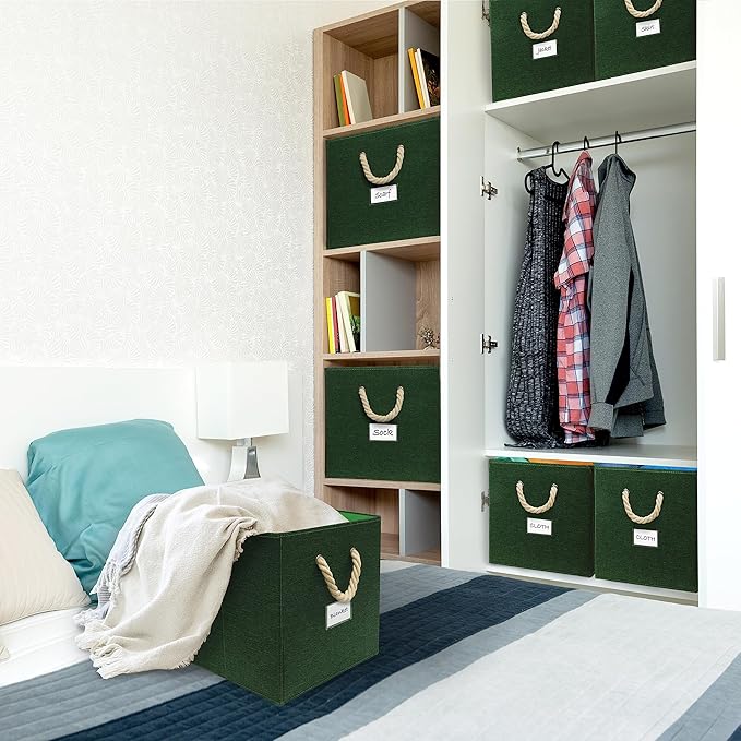 SIMPLE HOUSEWARE 13-Inch Cube Storage Bin With Braided Handles, 3 Pack, Green