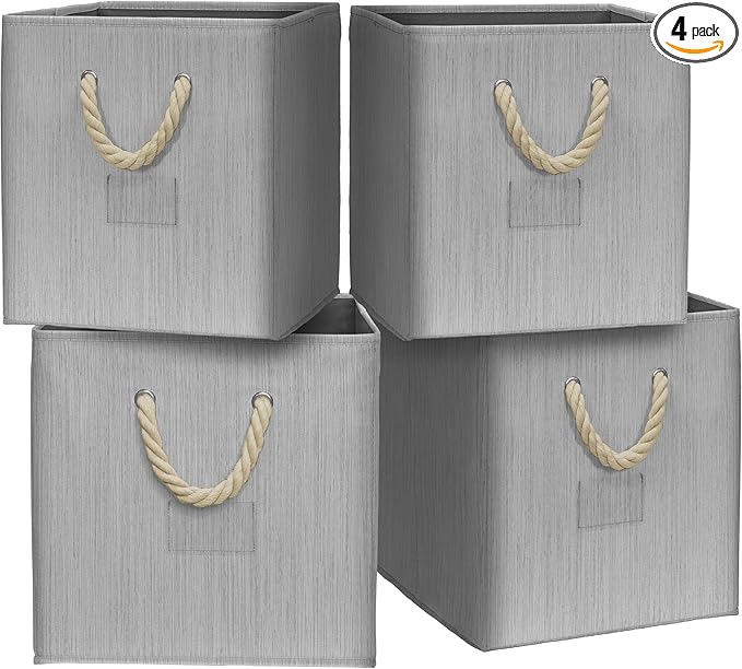SIMPLE HOUSEWARE 11-Inch Cube Storage Bin With Braided Handles, 4 Pack, Gray