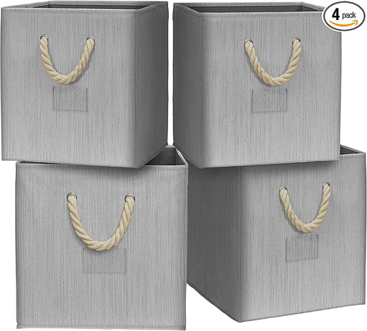 SIMPLE HOUSEWARE 11-Inch Cube Storage Bin With Braided Handles, 4 Pack, Gray