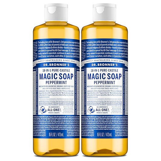 Dr. Bronner's Magic Soap-Pure-Castile Liquid Soap (Peppermint, 16 ounce, 2-Pack)-Regenerative Organic Certified Oils, 18-in-1 Uses: Body, Hair, Laundry, Pets & Dishes, Concentrated, Vegan, Non-GMO