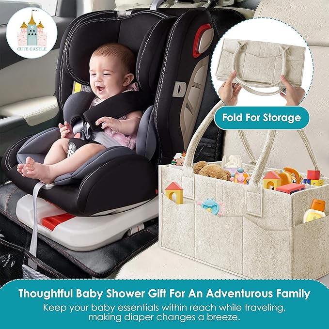 Cute Castle 2 Pack Diaper Caddy Organizer - Portable Baby Caddy Organizer with Handle, Nursery Storage Bin and Car Organizer for Girls, Boys - Baby Gift Basket - Oatmeal