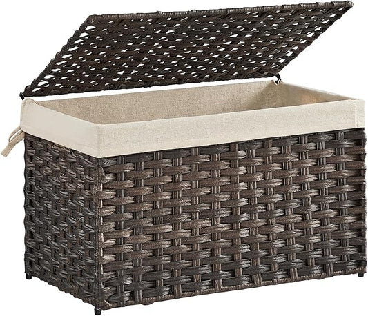 SONGMICS Storage Basket with Lid, Woven Blanket Storage Bin with Handles, Foldable, Removable Liner, Metal Frame, for Bedroom, Laundry Room, 17.2 Gallons (65 L), Brown URST56BR