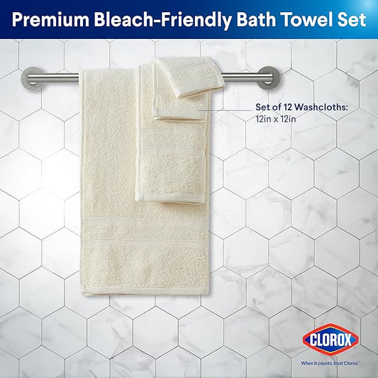 CLOROX Bleach Friendly, Quick Dry, 100% Cotton Washcloths (12" x 12"), Highly Absorbent Soft Lightweight, Ideal for Everyday Use, Easy to Wash (12 Pack, Ivory)