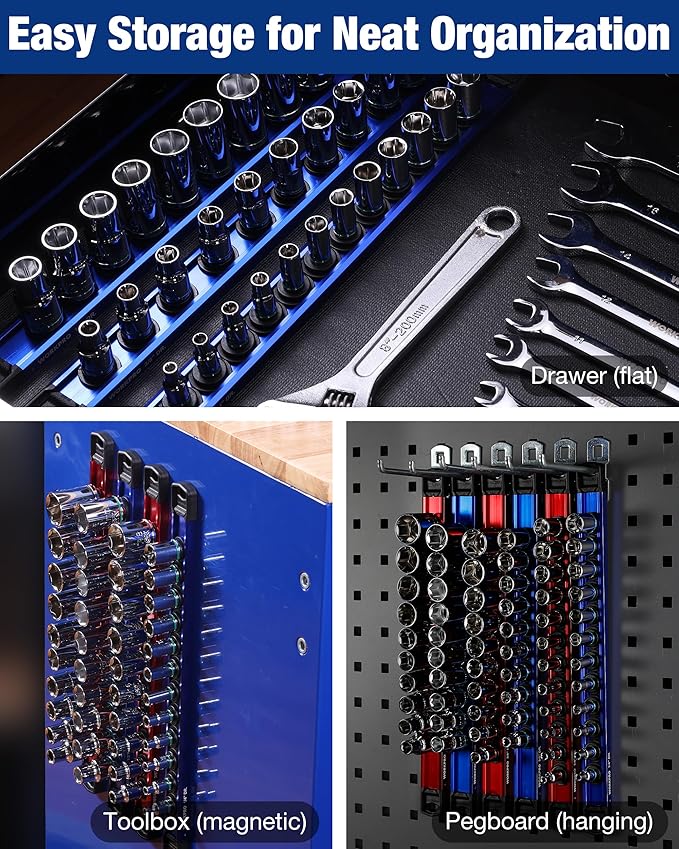 WORKPRO Magnetic Socket Organizer, 1/2" Drive Aluminum Alloy Socket Holder with 10PC Removable Socket Clips for Quick Customization, Socket Rail for Tool Box Drawer (Sockets Not Included)
