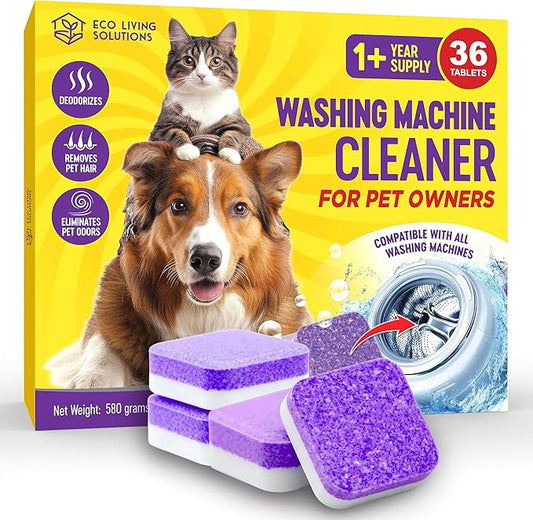 Washing Machine Cleaner Tablets for Pet Owners, 36 Pack, Front&Top Load Washer Deep Cleaning, HE & Septic Tank Safe, Remove Pet Hair, Eliminates Smells, Prevents Dander Build-up