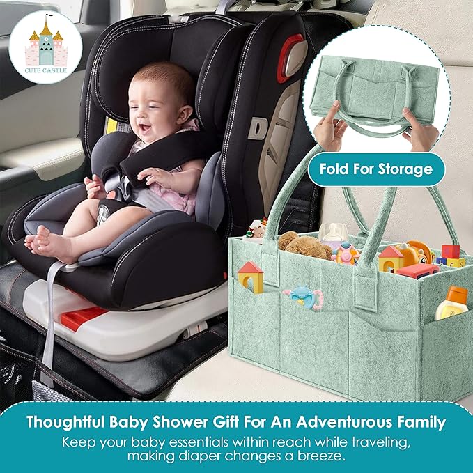 Cute Castle 2 Pack Diaper Caddy Organizer - Portable Baby Caddy Organizer with Handle, Nursery Storage Bin and Car Organizer for Girls, Boys - Baby Gift Basket - Green, Large