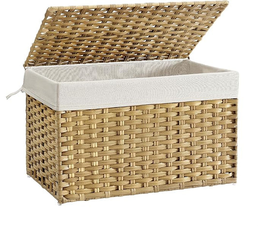 SONGMICS Storage Basket with Lid, Woven Blanket Storage Bin with Handles, Foldable, Removable Liner, Metal Frame, for Bedroom, Laundry Room, 27.7 Gallons (105 L), Natural URST066N01