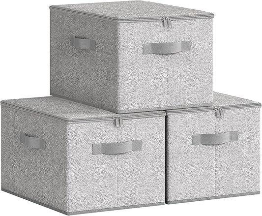 SONGMICS Foldable Storage Organizer Boxes, Set of 3 Storage Basket Bins with Lids, Handles, Clothes Organizer, 15.7 x 11.8 x 9.8 Inches, Non-Woven Fabric, Dove Gray URZB003W01
