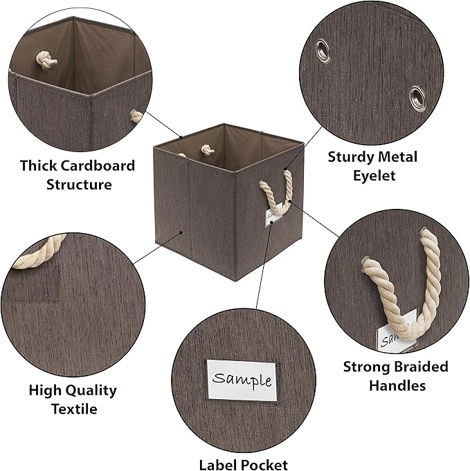 SIMPLE HOUSEWARE 13-Inch Cube Storage Bin With Braided Handles, 3 Pack, Brown