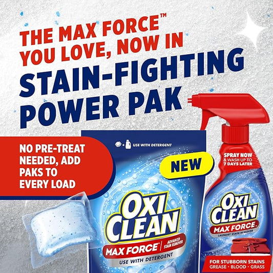OxiClean Max Force Advanced Stain Remover Power Paks, Color-Safe, Bleach-Free Kids and Baby Essential, Use with Detergent to Remove Messy Stains like Berries, Juice, Mud, Grass, 24 Count