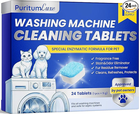 Washing Machine Cleaning Tablets to Remove Pet Fur, Odor, Grime Buildup – Deodorizing for HE, Front, Top Load Washers – Washing Machine Cleaner Tablets Safe for Septic Systems – 24 pcs