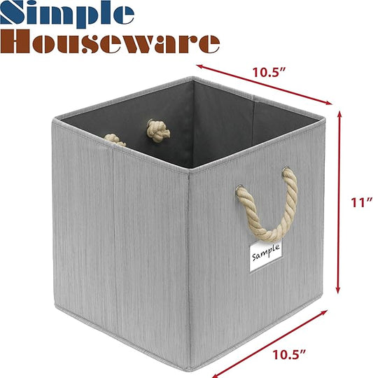 SIMPLE HOUSEWARE 11-Inch Cube Storage Bin With Braided Handles, 4 Pack, Gray