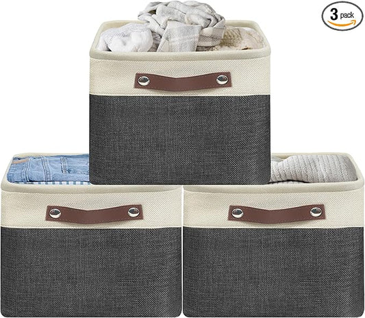 Simple Houseware Large Fabric Storage Bin, 15" x 11" with Leather Like Handles, 3 Pack, Dark Gray