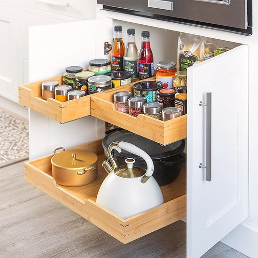 HOLDN’ STORAGE Bamboo Wooden Pull out Cabinet Organizer. 17" W x 21" D - Requires At Least a 18.25" W x 21" D.Cabinet Opening. W/Lifetime Limited Warranty. Bamboo Tray and Heavy gauge metal rails.