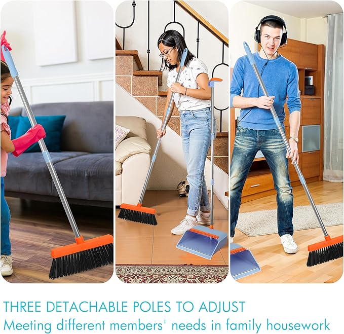 PHYEX 2-Pack Broom and Dustpan Set for Sweeping Indoor, Broom Dustpan with 48" Long Handle, Broom with Dustpan Combo Set(Purple)