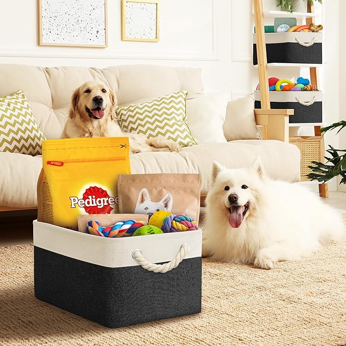 Simple Houseware Large Fabric Storage Bin, 15.7" x 12" with Braided Handles, 3 Pack, Black