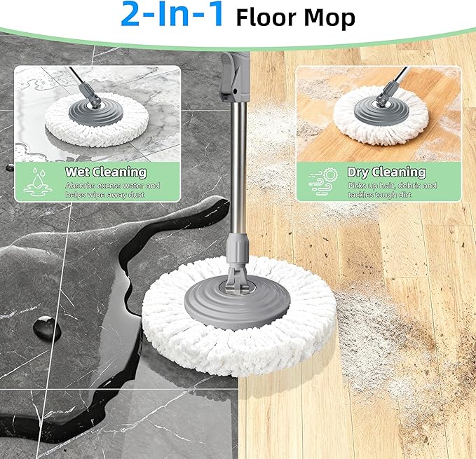 2026 Upgraded Gen 2 Spin Mop and Bucket Set with 4 Swivel Wheels for Easy Rolling, Separates Clean & Dirty Water, Floor Mop with 6 Washable Mop Heads for Wood, Tile, Vinyl, Baseboards - Grey/Blue