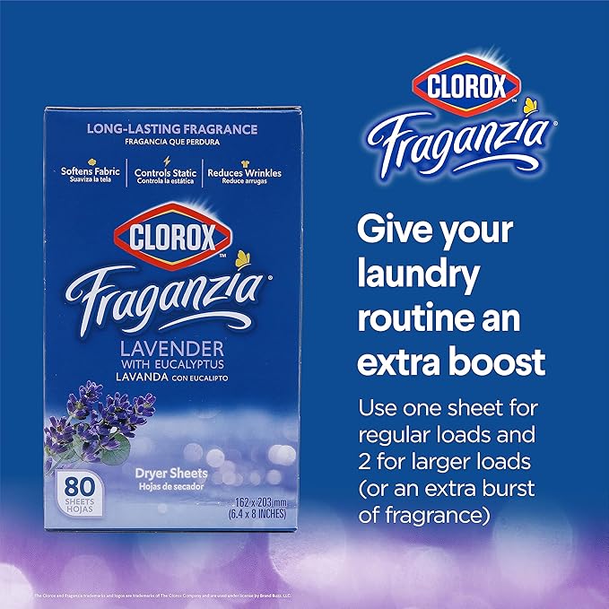 Clorox Fraganzia Dryer Sheets in Lavender with Eucalyptus Scent, 80 Count | Wrinkle-Reducing Fabric Softener Sheets | Best Laundry Dryer Sheets with Long-Lasting Lavender with Eucalyptus Scent