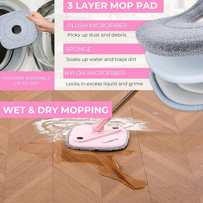 Square Spin Mop & Bucket Smart Floor Mop with Separate Compartments for Clean and Dirty Water, Self Cleaning 2025 Upgraded Version w/Side Brush & Self-Standing Handle, Rose