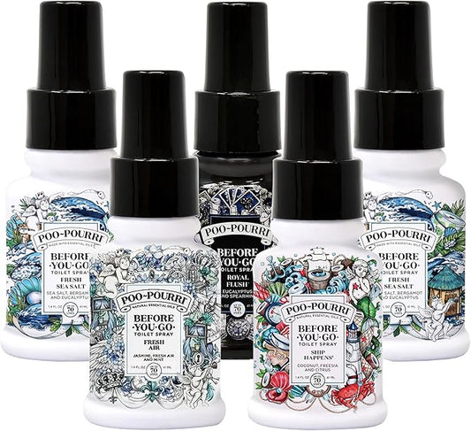 Poo-Pourri Set - Includes Original Citrus, Fresh Sea Salt, Fresh Air, Ship Happens, and Royal Flush 1.4 Ounce Bottles