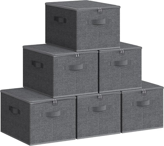 SONGMICS Foldable Storage Organizer Boxes, Set of 6 Storage Basket Bins with Lids, Handles, Clothes Organizer, 15.7 x 11.8 x 9.8 Inches, Non-Woven Fabric, Slate Gray URZB003G02
