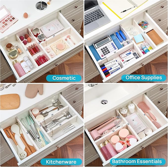 Vtopmart 12 Pack Drawer Dividers for Clothes, 4" High 11.3"-17" Adjustable Expandable Dresser Drawer Organizer, Plastic Drawers Separator for Dresser, Baby Clothes, Underwear, Kitchen & Office Storage