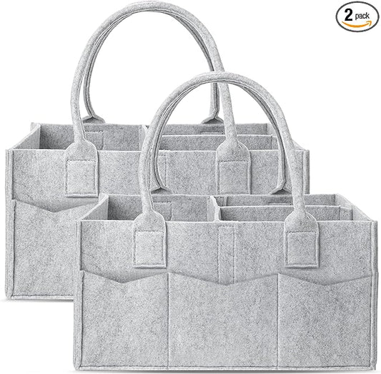 Cute Castle 2 Pack Diaper Caddy Organizer - Portable Baby Caddy Organizer with Handle, Nursery Storage Bin and Car Organizer for Girls, Boys - Baby Gift Basket - Grey, Large