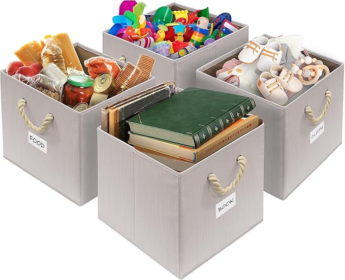 SIMPLE HOUSEWARE 13-Inch Cube Storage Bin With Braided Handles, 3 Pack, Ivory