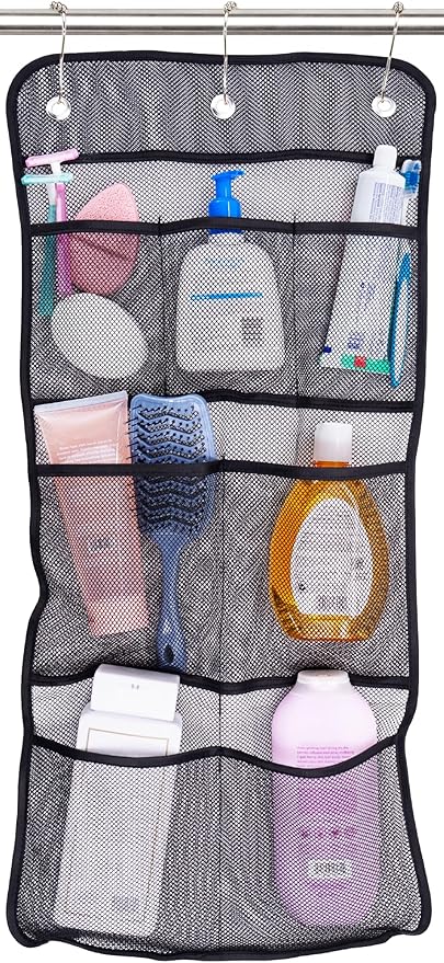 S&T INC. Shower Organizer, Shower Caddy or Bathroom Organizer with Quick Drying Mesh, 7 Pockets to Hold Shampoo, Soap, Loofah, and Cruise Ship Essentials, 14 Inch by 30 Inch, Black, 1 Pack