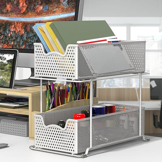 Simple Houseware 2 Tier Sliding Cabinet Basket Organizer Drawer, White