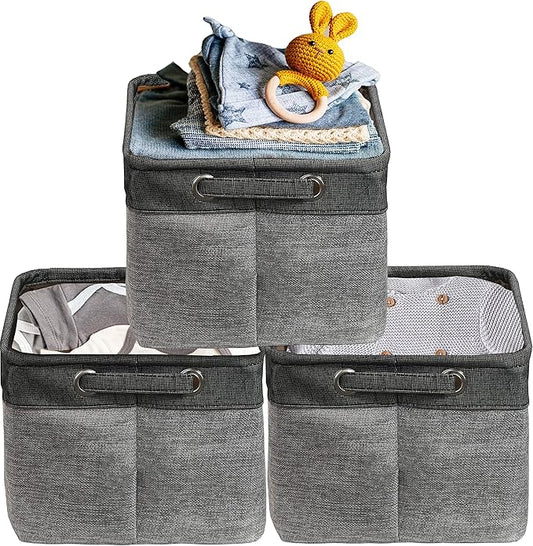 Simple Houseware Large Fabric Storage Bin, 14.4" x 10" with Handles, 3-Pack, Foldable Organizer for Closet and Shelf, Dark Gray