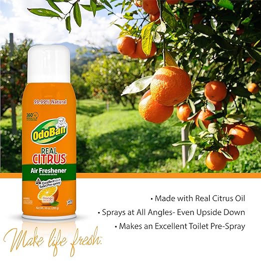 OdoBan Aroma Eliminator Set, Made in the USA, 10 Ounce Toilet Spray 360-Degree Continuous Spray Natural Oil Real Citrus Orange Air Freshener and 14 Ounce Solid Scent Absorber