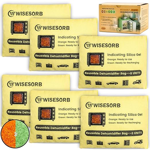 6 Pack 240G Reusable Silica Gel Desiccant Dehumidifier Bags, Color Indicating Moisture Absorbers for Car, Closet, Garage, 3D Filaments, Emoisture, Microwave Rechargeable Reusable Drying Bags