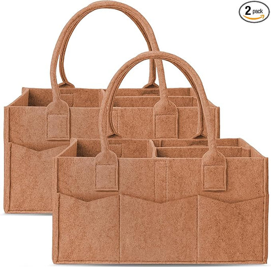 Cute Castle 2 Pack Diaper Caddy Organizer - Portable Baby Caddy Organizer with Handle, Nursery Storage Bin and Car Organizer for Girls, Boys - Baby Gift Basket - Caramel