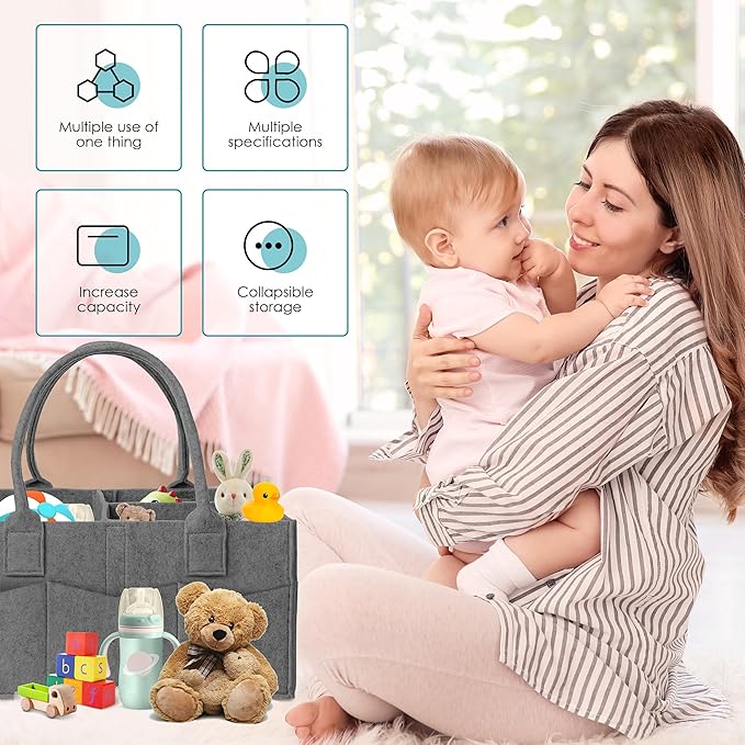 Cute Castle 2 Pack Diaper Caddy Organizer - Portable Baby Caddy Organizer with Handle, Nursery Storage Bin and Car Organizer for Girls, Boys - Baby Gift Basket - Dark Grey