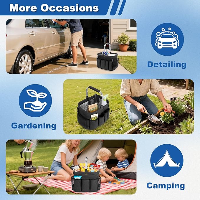 Cleaning Caddy Organizer with Handle, Cleaning Tote Bag with Multiple Pockets for Cleaning Supplies, Products Storage, Housekeepers, Car Cleaning, Black