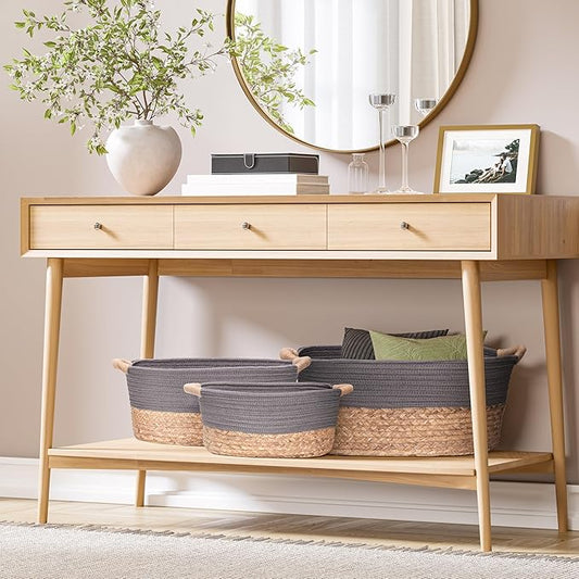 Seville Classics Premium Natural Handwoven Portable Laundry Bin Basket with Carrying Handles, Household Storage for Clothes, Linens, Sheets, Natural Water Hyacinth and Gray Rope, 3 Piece Set