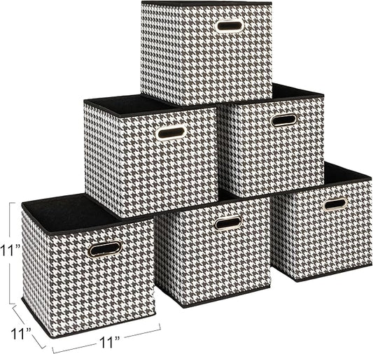 Household Essentials Foldable Fabric Storage Cubes 6-Pack – 11x11x11 Stackable Non-Woven Bins with Chipboard Sides & Grommet Handles – Closet, Shelf, Nursery, or Office Organizer – Houndstooth