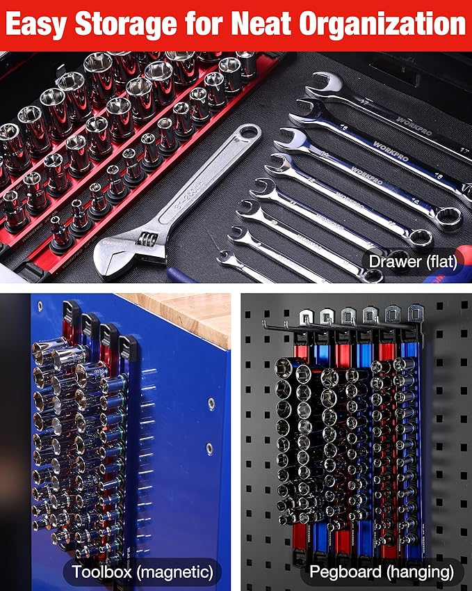 WORKPRO Magnetic Socket Organizer, 1/4" Drive Aluminum Alloy Socket Holder with 12PC Removable Socket Clips for Quick Customization, Socket Rail for Tool Box Drawer (Sockets Not Included)