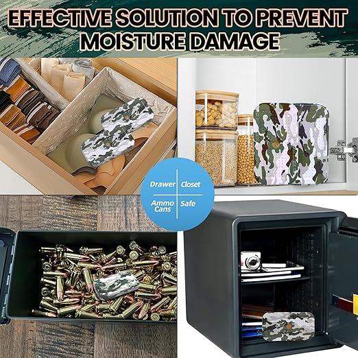 40 Gram Gun Safe Dehumidifier Camouflage, Rechargeable Desiccant Canister Dehumidifier Bags, Reusable Silica Gel Packets Moisture Absorbers for Car, Bathroom, Basement [6 Pack]