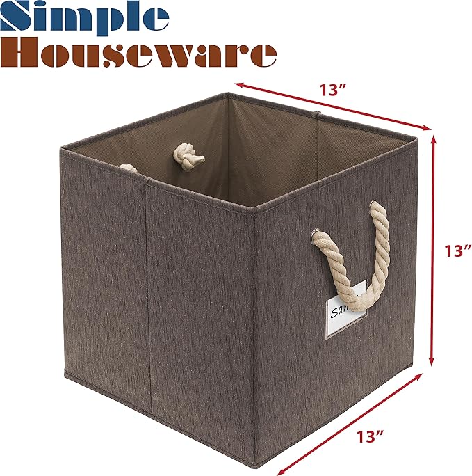 SIMPLE HOUSEWARE 13-Inch Cube Storage Bin With Braided Handles, 3 Pack, Brown