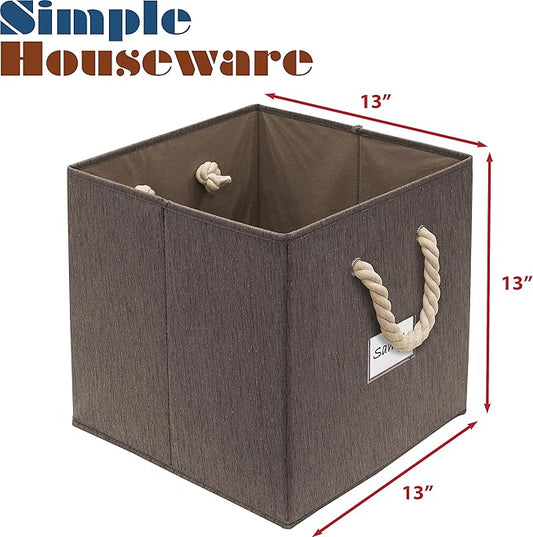 SIMPLE HOUSEWARE 13-Inch Cube Storage Bin With Braided Handles, 3 Pack, Brown