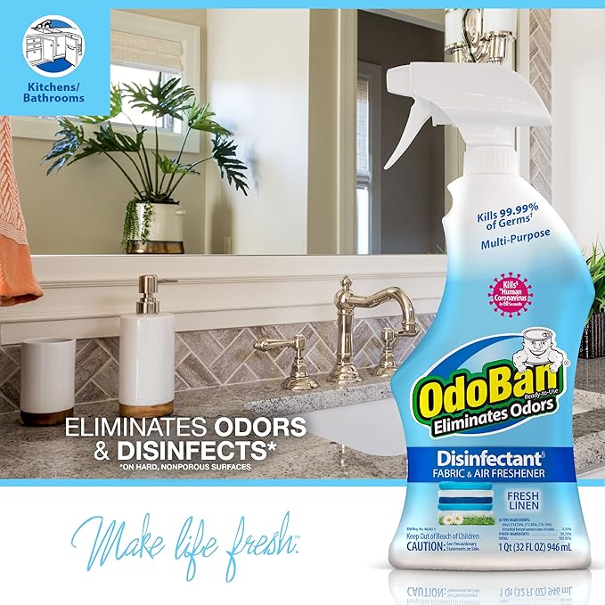 OdoBan Ready-to-Use Disinfectant and Odor Eliminator, Set of 2 Spray Bottles, 32 Ounces Each, Fresh Linen Scent