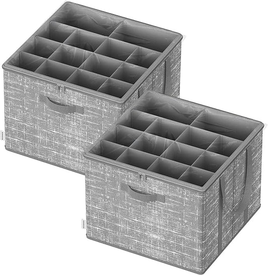 SONGMICS Set of 2 Shoe Organizers for Closet, Fits 16 Pairs Each, Shoe Storage Bins, Fabric Containers with Handles and Clear Cover, for Bedroom, Entryway, Closet, Cattail Gray ULSP602G01