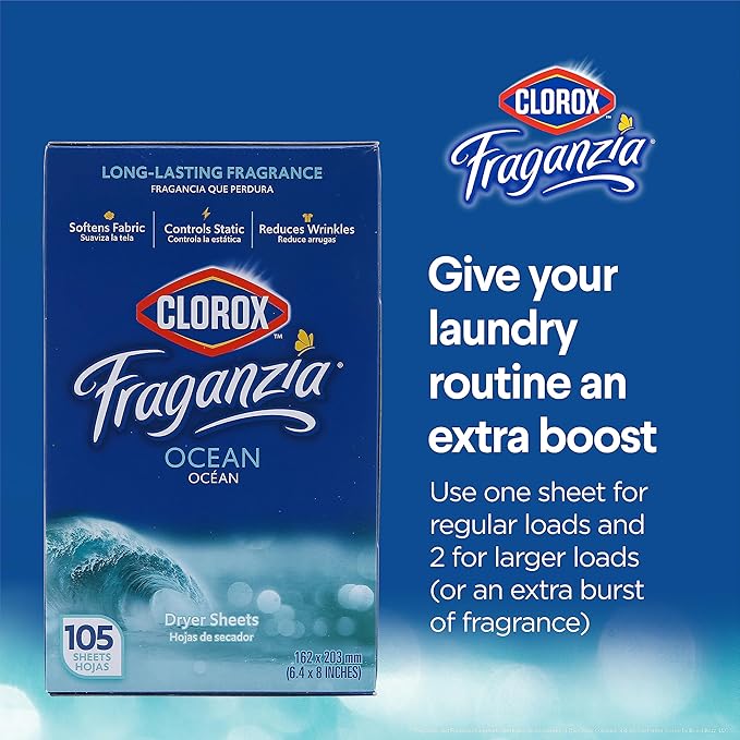 Clorox Fraganzia Dryer Sheets in Ocean Scent, 105 Count | Wrinkle-Reducing Fabric Softener Sheets | Best Laundry Dryer Sheets with Long-Lasting Ocean Scent