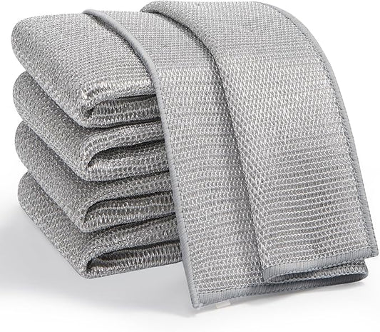 JOYMOOP Multipurpose Non-Scratch Wire Dishwashing Rag for Wet and Dry, Reusable Cleaning Cloths, Scrubbing Pads for Dishes, Glass, Stainless Steel - 5 Pack