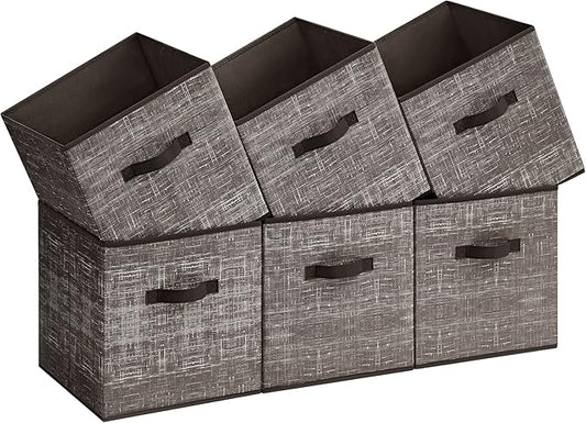 SONGMICS Storage Cubes, 13-Inch Non-Woven Fabric Bins with Double Handles, Set of 6, Closet Organizers for Shelves, Foldable, for Clothes, Walnut Color UROB033K02