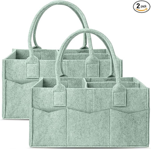 Cute Castle 2 Pack Diaper Caddy Organizer - Portable Baby Caddy Organizer with Handle, Nursery Storage Bin and Car Organizer for Girls, Boys - Baby Gift Basket - Green, Large